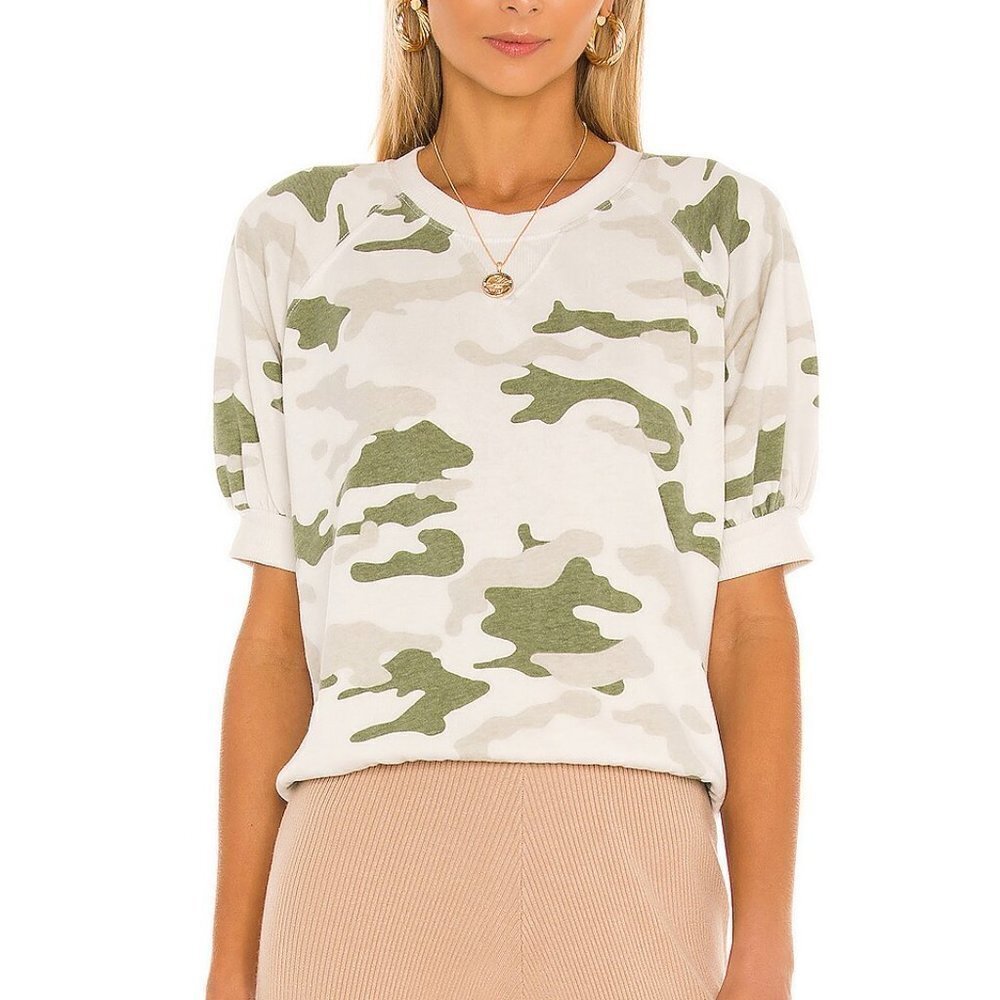 ✅ SUNDRY Camo Puff Sleeve‎ Raglan Top SIZE 0 GREEN/CREAM